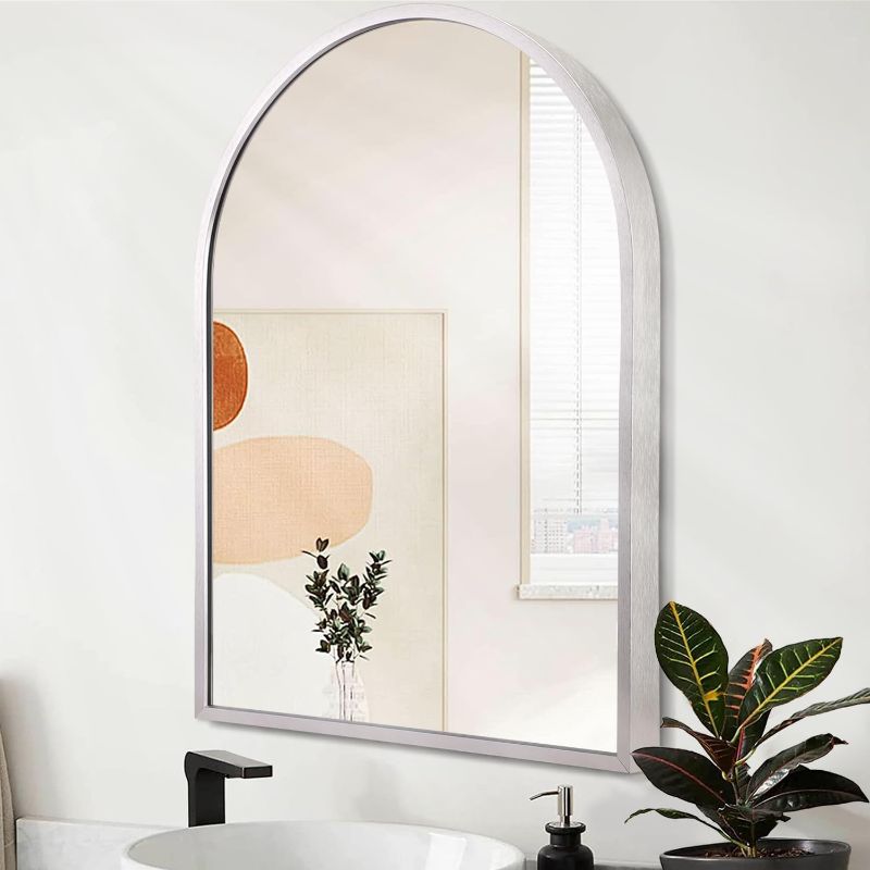 Photo 1 of Arched Bathroom Mirror, 20"x16" Arch Metal Framed Mirror for Wall, Decor Vanity Mirror for Living Room Bedroom Entryway Silver