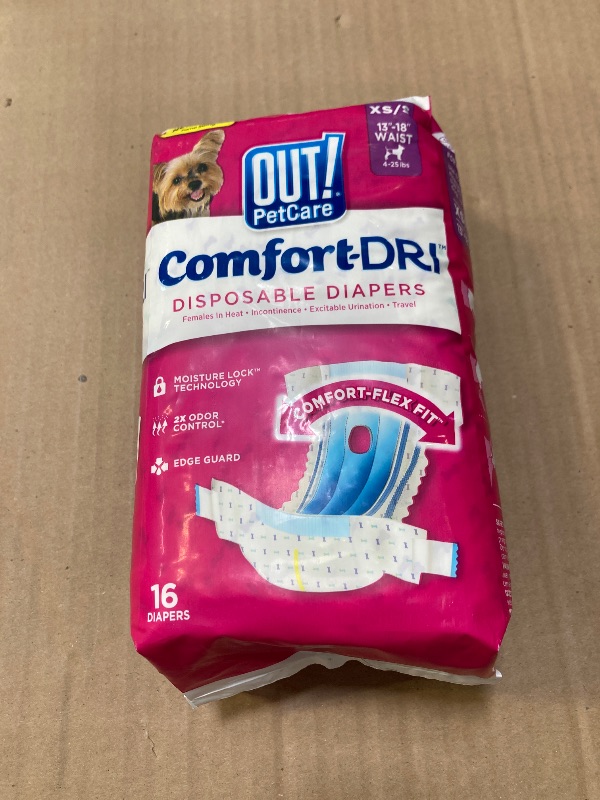 Photo 1 of OUT! Petcare Disposable Dog Diapers for Female Dogs, Dog Heat Diapers, Female Dog Period Pads, Female Doggy Diaper for Peeing, Pet Diapers for Small Pets,13”-18” Waist, XS/Small, 16 Count
