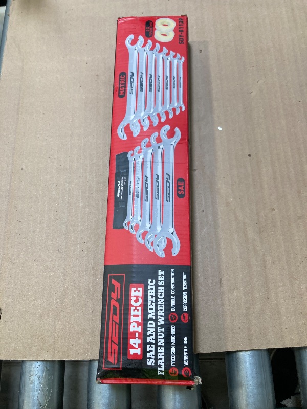 Photo 1 of 12-Piece Flare Nut Wrench Set with 2-Piece PTFE Tape, Metric & SAE Brake Line Wrench Offset 1/4"-7/8"& 9-21mm Set Double Open End with Organizer Pouch for Repairing and Removing Nuts (14 Pack)
