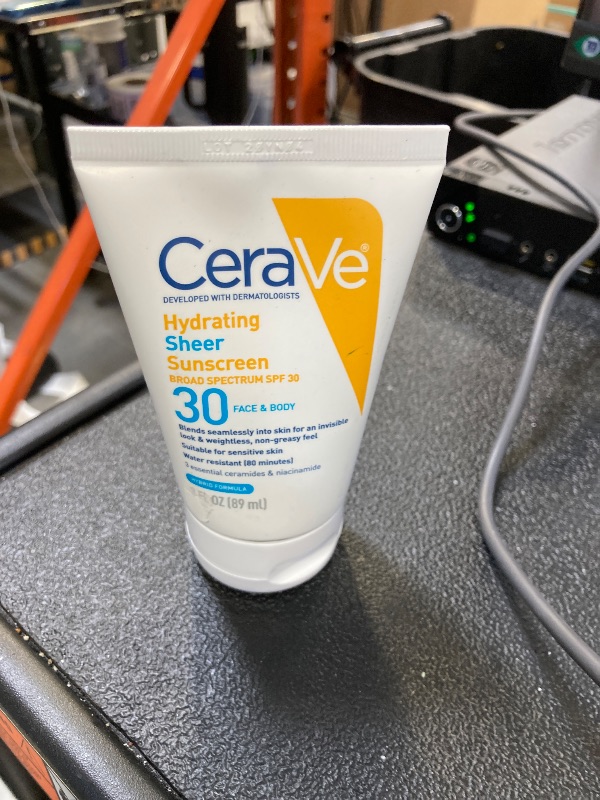 Photo 1 of CeraVe Hydrating Sheer Sunscreen SPF 30 for Face and Body, Mineral & Chemical Sunscreen with Zinc Oxide, Hyaluronic Acid, Niacinamides and Ceramides, Paraben Free Fragrance Free, 3 Ounces