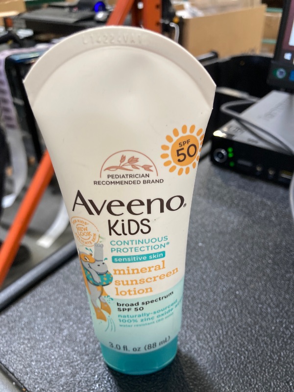 Photo 1 of Aveeno Kids Continuous Protection Zinc Oxide Mineral Sunscreen Lotion for Children's Sensitive Skin with Broad Spectrum SPF 50, Tear-Free, Sweat- & Water-Resistant, Non-Greasy, 3 fl. oz