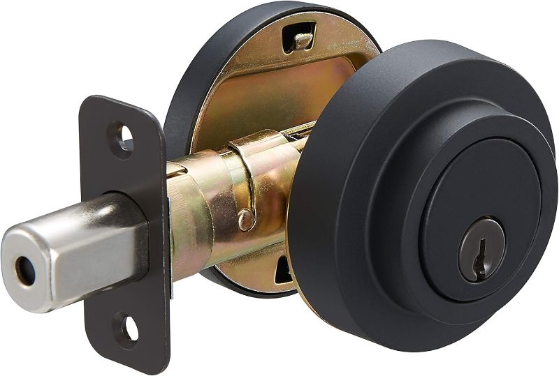 Photo 1 of Amazon Basics Contemporary Round Deadbolt Door Key Lock, Single Cylinder, Matte Black, 1-Pack