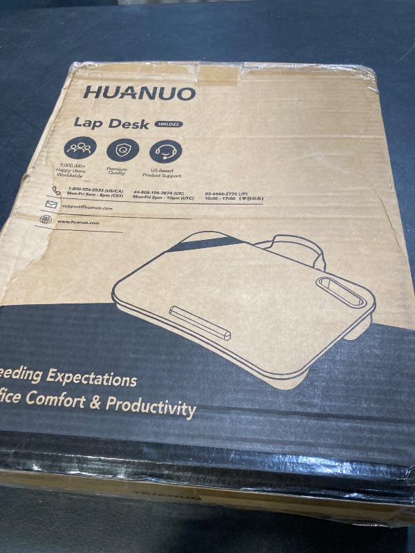 Photo 1 of HUANUO Laptop Lap Desk, Fits up to 15.6-Inch Laptops and Tablets, Portable Lap Desk with Cushion, Phone Holder and Storage Bag, Black Lapdesk for Home Office or Dormitory