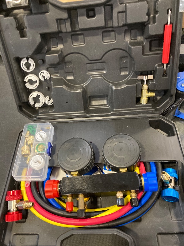 Photo 1 of PB Motor Tech 4-Way AC Manifold Gauge Set, Fits R22 R134A R410A Refrigerants, with Quick Couplers, Adapters and Necessary Tools, Ideal for AC Maintenance, Includes Plastic Storage Case