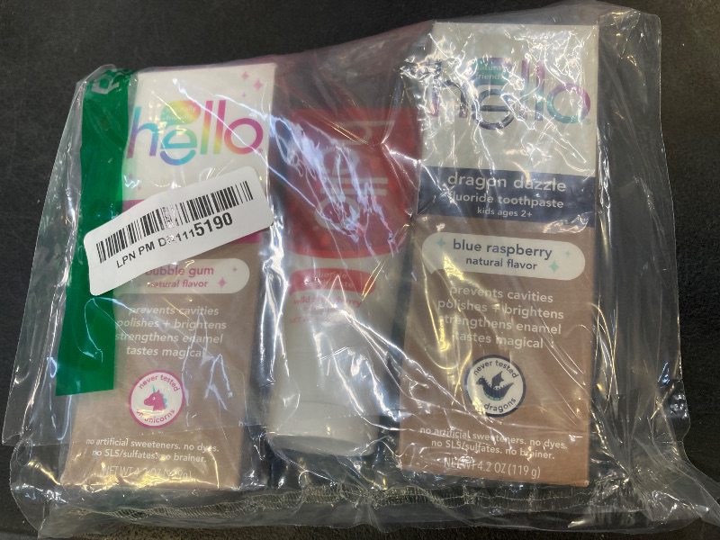 Photo 1 of hello Kids Fluoride Toothpaste Variety Pack, Includes Strawberry, Unicorn Bubble Gum, and Blue Raspberry Toothpastes, Safe for Ages 2 and Up, 3 Pack, 4.2 Oz Each