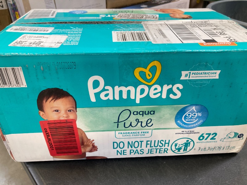 Photo 1 of Pampers Baby Wipes Aqua Pure, 99% water-based wipes, Hypoallergenic and Unscented Baby Wipes, 672 Wipes Total (12 Flip-Top Packs)