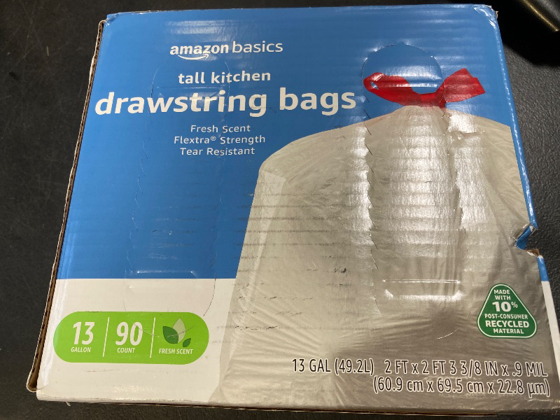 Photo 1 of Amazon Basics 13 Gallon Flextra Strength Tall Kitchen Drawstring Trash Bags, Tear Resistant, 10% Post Consumer Recycled, 90 Count