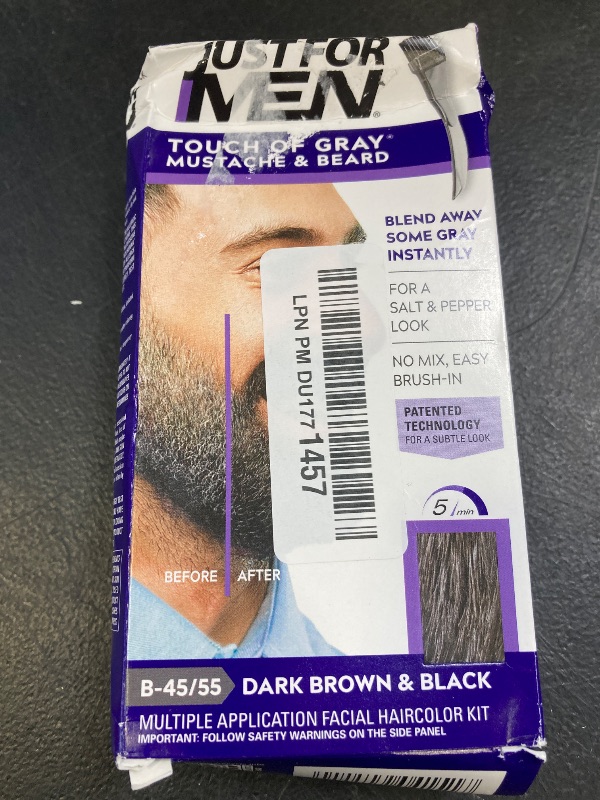 Photo 1 of Just For Men Touch of Gray Mustache & Beard, Beard Coloring for Gray Hair with Brush Included for Easy Application, Great for a Salt and Pepper Look - Dark Brown & Black, B-45/55, Pack of 1