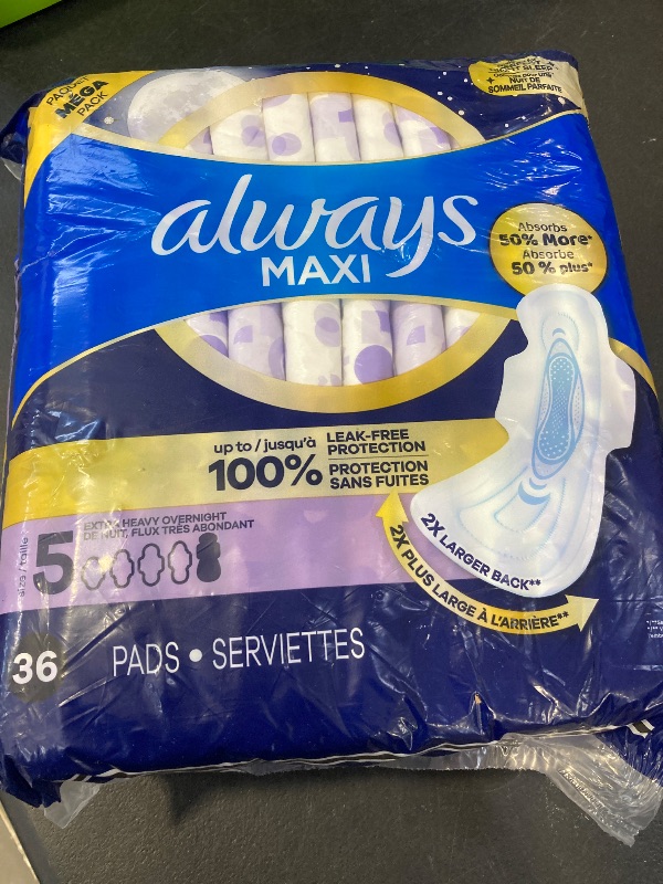 Photo 1 of Always Maxi Overnight Pads with Wings for Women, Size 5, Extra Heavy Overnight Absorbency, Unscented, 36 Count (Packaging May Vary)