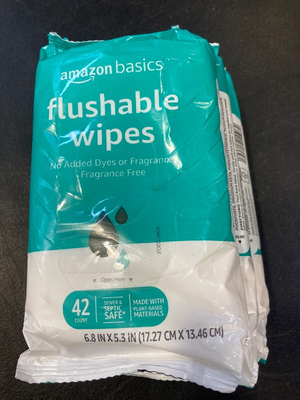 Photo 1 of Amazon Basics Adult Wet Wipes Flushable Fragrance Free, 126 Count (3 Packs of 42) Packaging May Vary