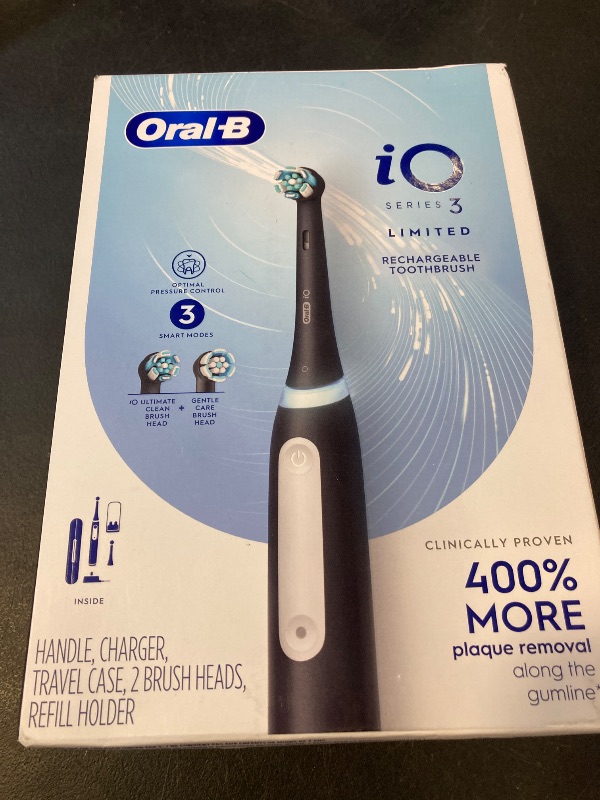 Photo 1 of Oral-B iO Deep Clean Rechargeable Electric Powered Toothbrush, Black with iO Series 3 Limited, 2 Brush Heads and Travel Case - Pressure Sensor to Protect Gums - 3 Cleaning Settings - 2 Minute Timer