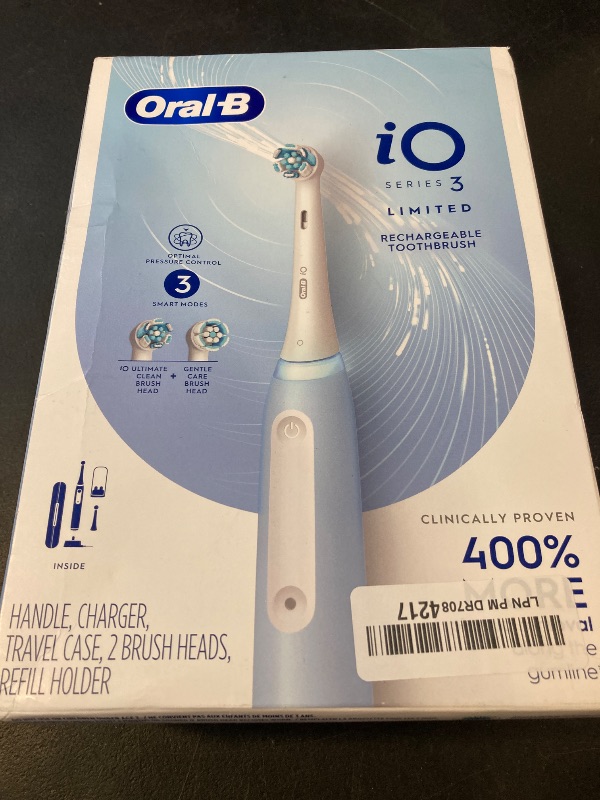 Photo 1 of Oral-B iO Deep Clean Rechargeable Electric Powered Toothbrush, Icy Blue with iO Series 3 Limited, 2 Brush Heads and Travel Case - Pressure Sensor to Protect Gums - 3 Cleaning Settings - 2 Minute Timer