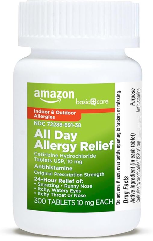 Photo 1 of Amazon Basic Care 24 Hour Allergy Relief, Cetirizine Hydrochloride Tablets, 10 mg, 300 Count (Packaging may vary)