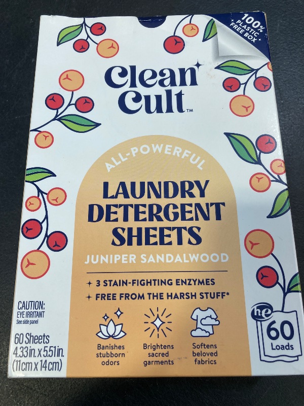 Photo 1 of Cleancult Laundry Detergent Sheets - Resealable Box - 3 Stain Fighting Enzymes - Juniper Sandalwood - 60 Loads - Free of Harsh Chemicals - No Mess - No Plastic Waste
