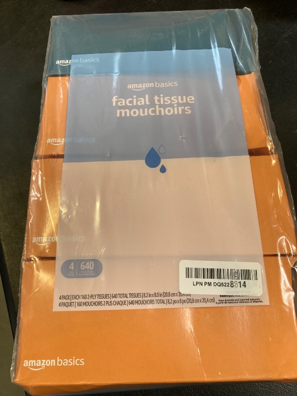 Photo 1 of Amazon Basics Facial Tissue, 2-Ply, 160 Tissues per Box, 4 Boxes (640 total) (Previously Solimo)