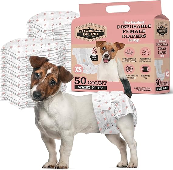 Photo 1 of Dr. Pol Female Dog Diapers – Super Absorbent, Breathable, Leak-Proof with Wetness Indicator, X-Small, 50 Count
