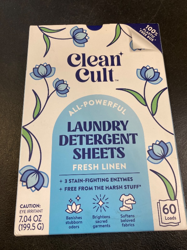 Photo 1 of Cleancult Laundry Detergent Sheets - Resealable Box - 3 Stain Fighting Enzymes - Fresh Linen - 60 Loads - Free of Harsh Chemicals - No Mess - No Plastic Waste