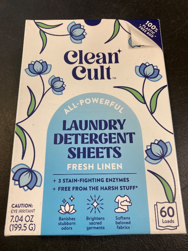 Photo 1 of Cleancult Laundry Detergent Sheets - Resealable Box - 3 Stain Fighting Enzymes - Fresh Linen - 60 Loads - Free of Harsh Chemicals - No Mess - No Plastic Waste