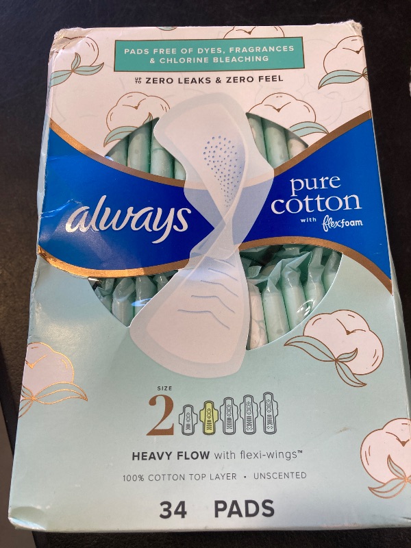Photo 1 of Always Pure Cotton Feminine Pads for Women, Size 2, Heavy Flow, with Wings, unscented, 34 CT