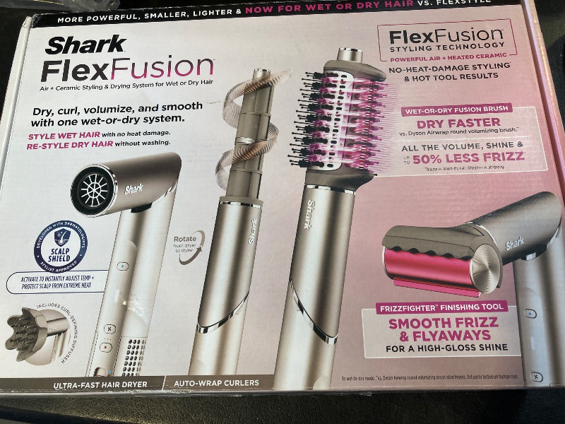 Photo 1 of Shark FlexFusion Hair Dryer with Fusion Hair Brush, Diffuser, Ceramic Air Styler with Auto-Wrap Hair Curlers, Ceramic Plates, Metallic Mist HD642