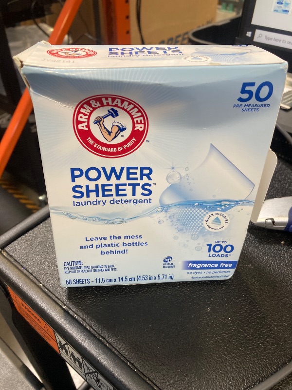 Photo 1 of ARM & HAMMER Power Sheets Laundry Detergent, Fragrance Free, Dermatologist Tested Concentrated Laundry Detergent Sheets, 50 Count, up to 100 Small Loads