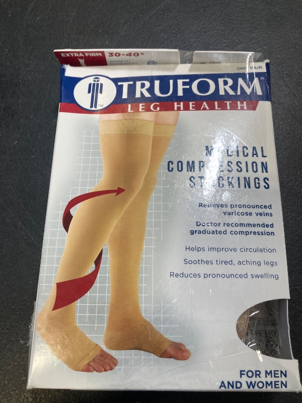 Photo 1 of Truform 30-40 mmHg Compression Stockings for Men and Women, Thigh High Length, Dot-Top, Open Toe, Beige, Medium