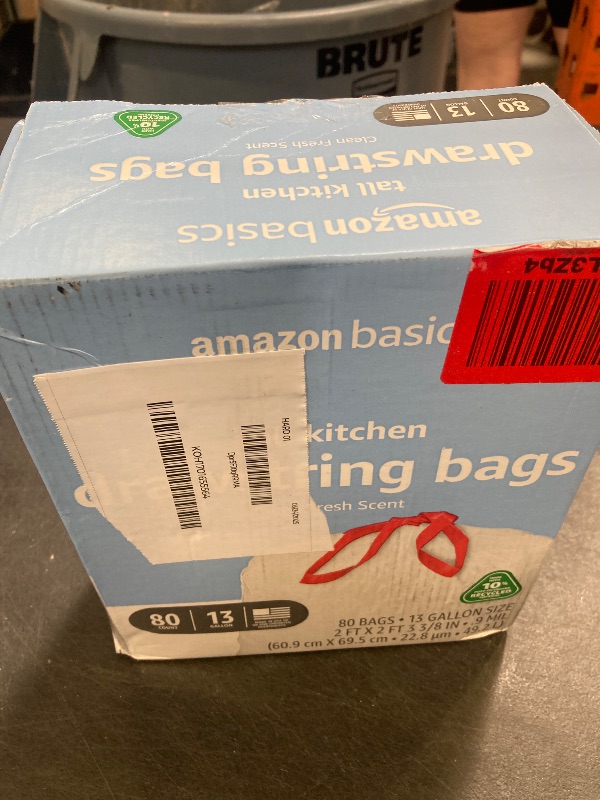 Photo 1 of Amazon Basics 13 Gallon Tall Kitchen Drawstring Trash Bags, Clean Fresh Scent, 10% Post Consumer Recycled, 80 count