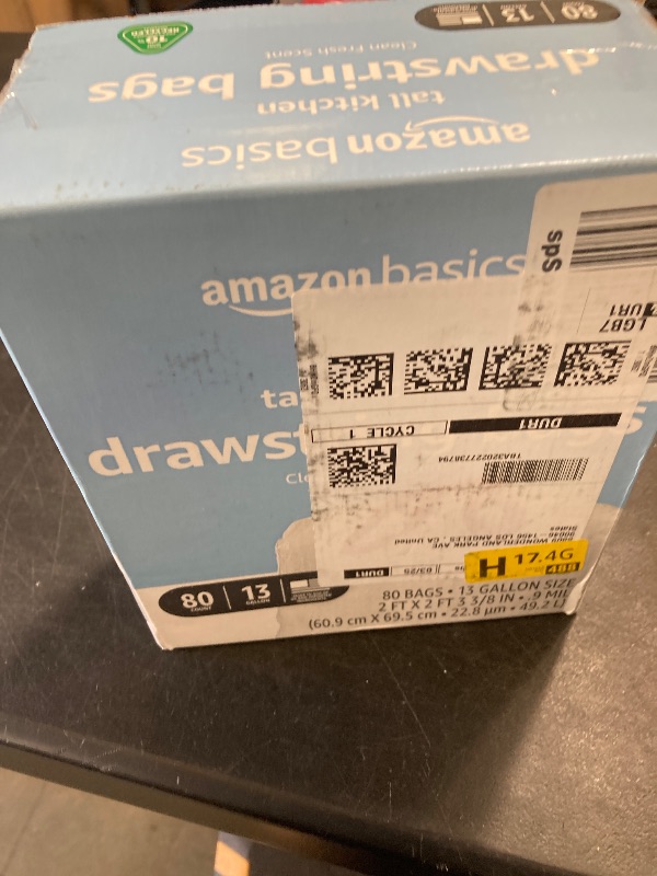 Photo 1 of Amazon Basics 13 Gallon Tall Kitchen Drawstring Trash Bags, Clean Fresh Scent, 10% Post Consumer Recycled, 80 count