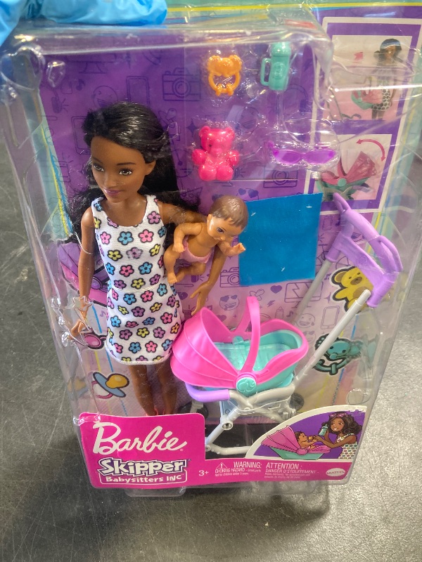 Photo 1 of Barbie Skipper Babysitters Inc Playset with Brunette Doll, Stroller, Baby Doll & 5 Accessories, Remove Stroller Seat for Carrier