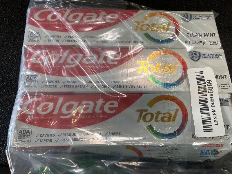 Photo 1 of Colgate Total Clean Mint Toothpaste, 10 Benefits, No Trade-Offs, Freshens Breath, Whitens Teeth and Provides Sensitivity Relief, Clean Mint Flavor, 4 Pack, 5.1 Oz Tubes