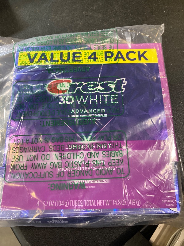 Photo 1 of Crest 3D White Advanced Luminous Mint Teeth Whitening Toothpaste, Crest Toothpaste, 3.7 oz Pack of 4 - Helps Remove Surface Stains, Whitens Teeth, Strengthens Tooth Enamel, Protects Against Cavities