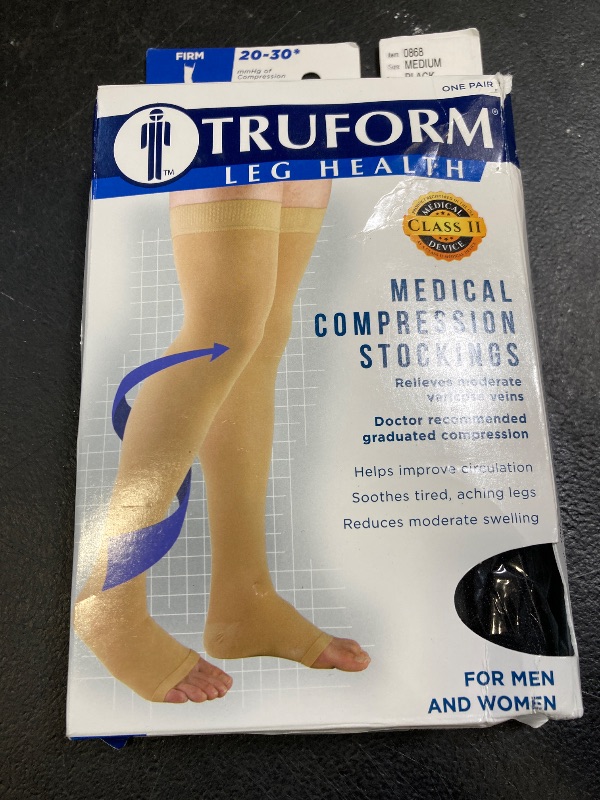 Photo 1 of Amazon Basic Care Medical Compression Stockings, 20-30 mmHg Support, Women & Men Thigh Length Hose, Open Toe, Beige, Medium (Previously NuVein)