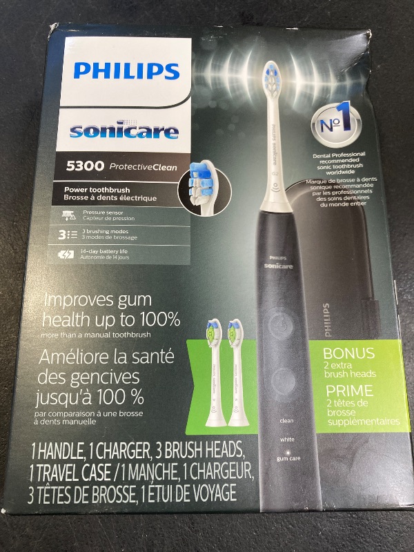 Photo 1 of Philips Sonicare ProtectiveClean 5300 Rechargeable Electric Toothbrush, with Pressure Sensor, 3 Cleaning Modes, SmarTimer and QuadPacer, with 2 Bonus Brush Heads, Travel Case, Black, Model HX6423/34