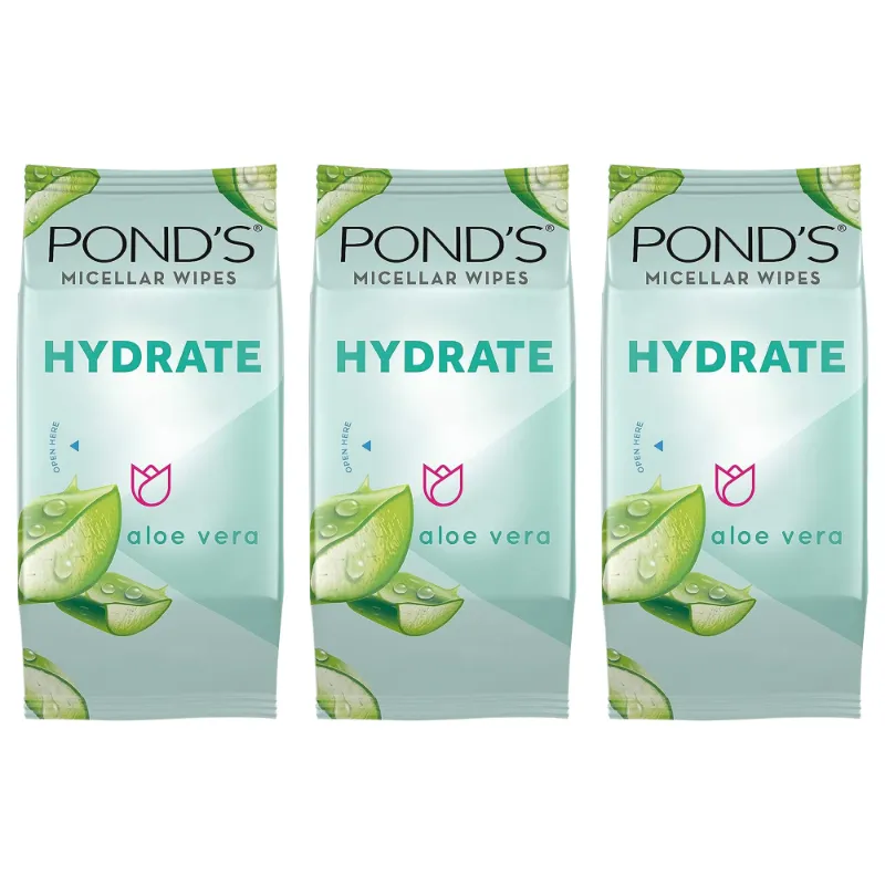 Photo 1 of Pack of (3) Ponds Vitamin Micellar Wipes For Dry Skin Hydrate Aloe Vera Removes Waterproof Makeup 25 Wipes
