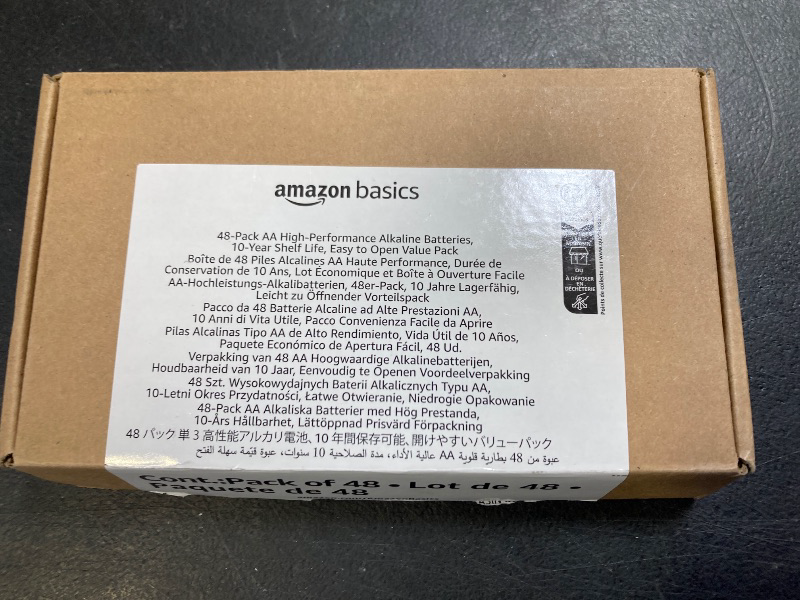 Photo 1 of Amazon Basics 48-Pack AA Alkaline High-Performance Batteries, 1.5 Volt, 10-Year Shelf Life