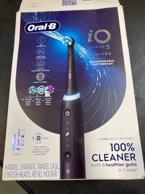 Photo 1 of Oral-B iO Deep Clean + Whiten Rechargeable Electric Toothbrush with Visible Pressure Sensor, 2 Minute Timer, 5 Cleaning Settings, 1 iO5 Limited, 3 Toothbrush Heads, Travel Case & Refill Holder, Black