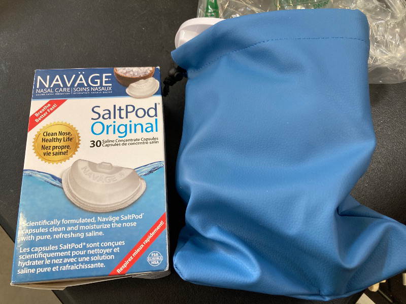 Photo 1 of Navage Deluxe Bundle Nasal Irrigation System - Saline Nasal Rinse Kit with 1 Nose Cleaner, 20 Salt Pods, Sky Blue Travel Bag and 1 Countertop Caddy....