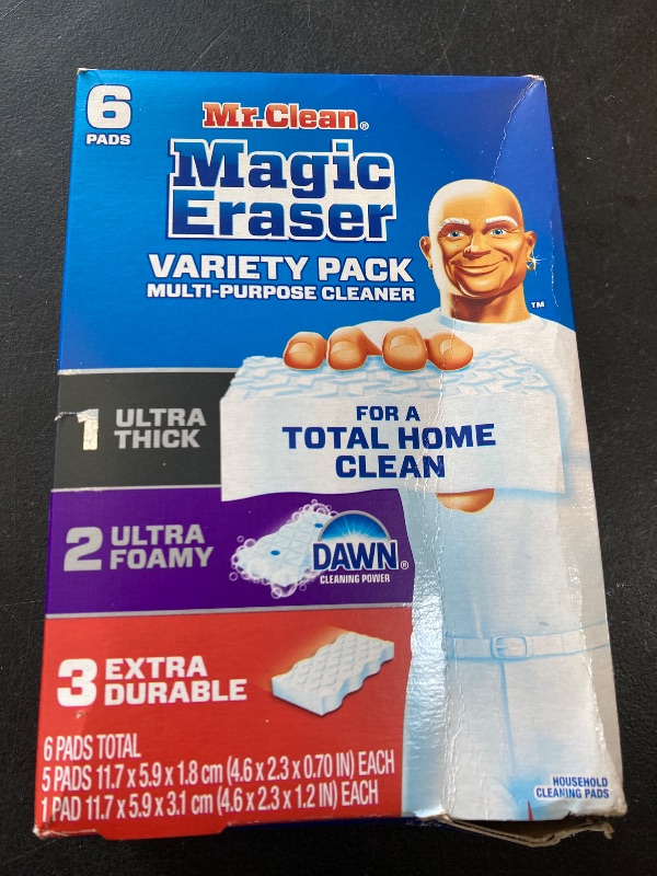 Photo 1 of Mr. Clean Magic Eraser Sponge, All Purpose Cleaner, Cleaning Scrubber, Kitchen, Bathroom, Shower, Oven, Cleaning Supplies, Variety Pack with 1 Ultra Thick, 2 Ultra Foamy, & 3 Extra Durable, 6ct