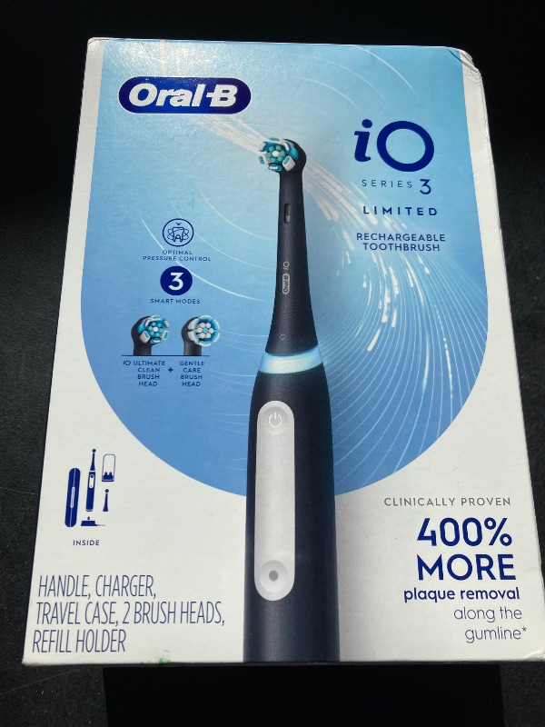 Photo 1 of Oral-B iO Deep Clean Rechargeable Electric Powered Toothbrush, Black with iO Series 3 Limited, 2 Brush Heads and Travel Case - Pressure Sensor to Protect Gums - 3 Cleaning Settings - 2 Minute Timer