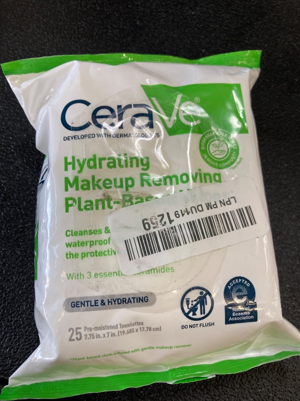 Photo 1 of CeraVe Hydrating Facial Cleansing Makeup Remover Wipes, Plant Based Face Wipes, Biodegradable in Home Compost, Face Wash Cloth, Suitable for Sensitive Skin, Fragrance-free Non-comedogenic, 25 Count