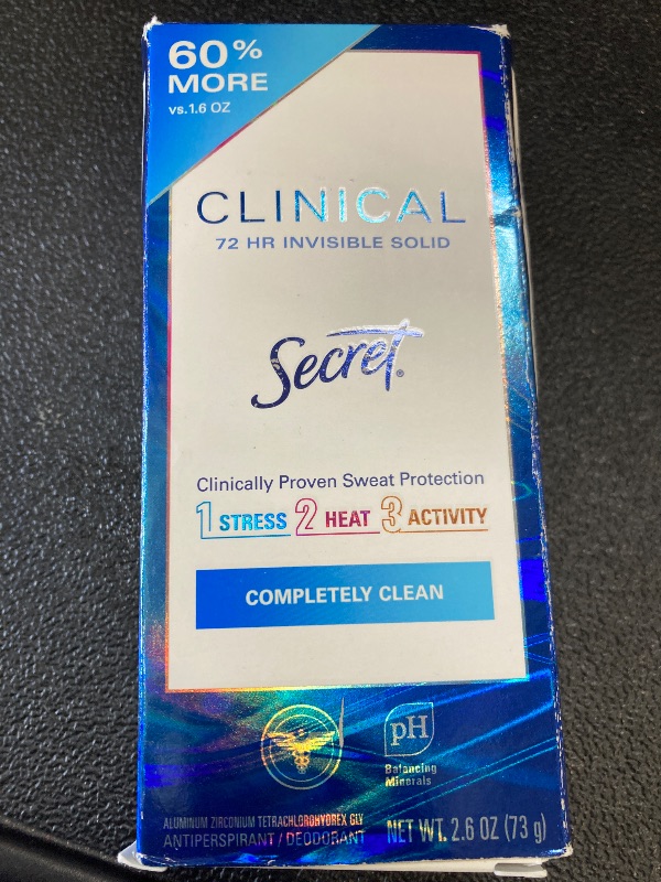 Photo 1 of Secret Clinical Strength Antiperspirant Deodorant for Women, 3X Stress Protection, 72hr Sweat & Odor Protection, PH Balancing Minerals, Invisible Solid, Completely Clean Scent, 2.6 oz