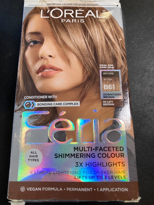 Photo 1 of L'Oreal Paris Feria Multi-Faceted Shimmering Permanent Hair Color, B61 Downtown Brown (Hi-Lift Cool Brown), Pack of 1, Hair Dye