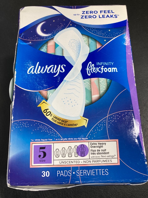 Photo 1 of Always Infinity Feminine Pads for Women, Size 5 Extra Heavy Overnight, with Wings, unscented, 30 Count