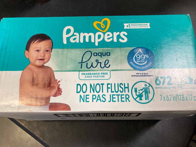 Photo 1 of Pampers Baby Wipes Aqua Pure, 99% water-based wipes, Hypoallergenic and Unscented Baby Wipes, 672 Wipes Total (12 Flip-Top Packs)