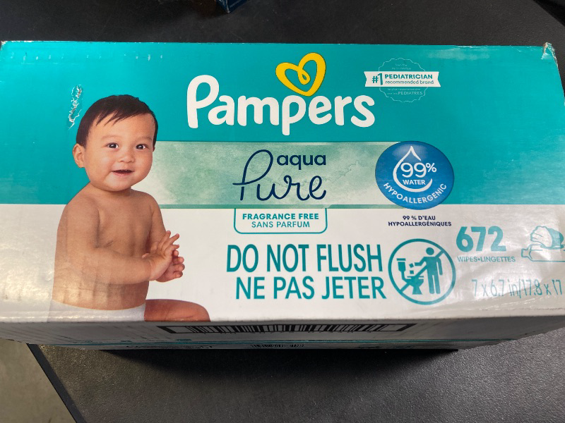 Photo 1 of Pampers Baby Wipes Aqua Pure, 99% water-based wipes, Hypoallergenic and Unscented Baby Wipes, 672 Wipes Total (12 Flip-Top Packs)
