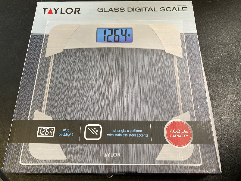 Photo 1 of Taylor Digital Scales for Body Weight, Highly Accurate 400 LB Capacity, Unique Blue LCD, Stainless Steel Accents Glass Platform, 12.2 x 12.2 Inches, Clear