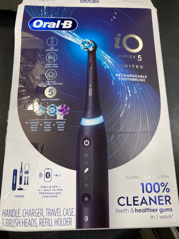 Photo 1 of Oral-B iO Deep Clean + Whiten Rechargeable Electric Toothbrush with Visible Pressure Sensor, 2 Minute Timer, 5 Cleaning Settings, 1 iO5 Limited, 3 Toothbrush Heads, Travel Case & Refill Holder, Black
