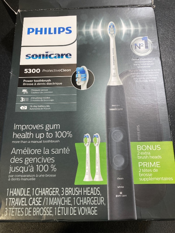 Photo 1 of Philips Sonicare ProtectiveClean 5300 Rechargeable Electric Toothbrush, with Pressure Sensor, 3 Cleaning Modes, SmarTimer and QuadPacer, with 2 Bonus Brush Heads, Travel Case, Black, Model HX6423/34