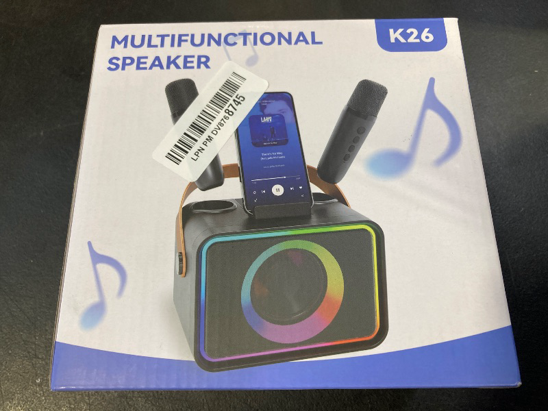 Photo 1 of Portable Bluetooth Speaker with 2 Wireless Microphones for Adults & Kids Toys with LED Lights, Unpowered Speaker Cabinets, Microphone with PA System Supports USB/TF/AUX, Gift for Party (Black)