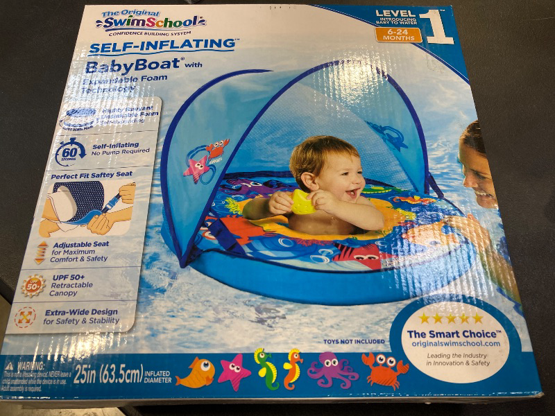 Photo 1 of SwimSchool Self-Inflating Baby Float with Adjustable Canopy - 6-24 Months - Super Buoyant Baby Swim Float with Splash & Play Activity Center and Adjustable Safety Seat - Sea Creatures Design